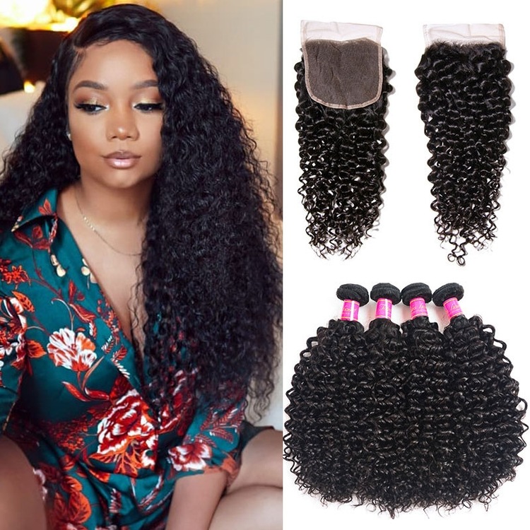 3 bundles Malaysian Jerry Curly Hair + 4x4 Closure Mongolian Kinky Curly Bundles With HD Closure 3 Bundles Deal  main image 2