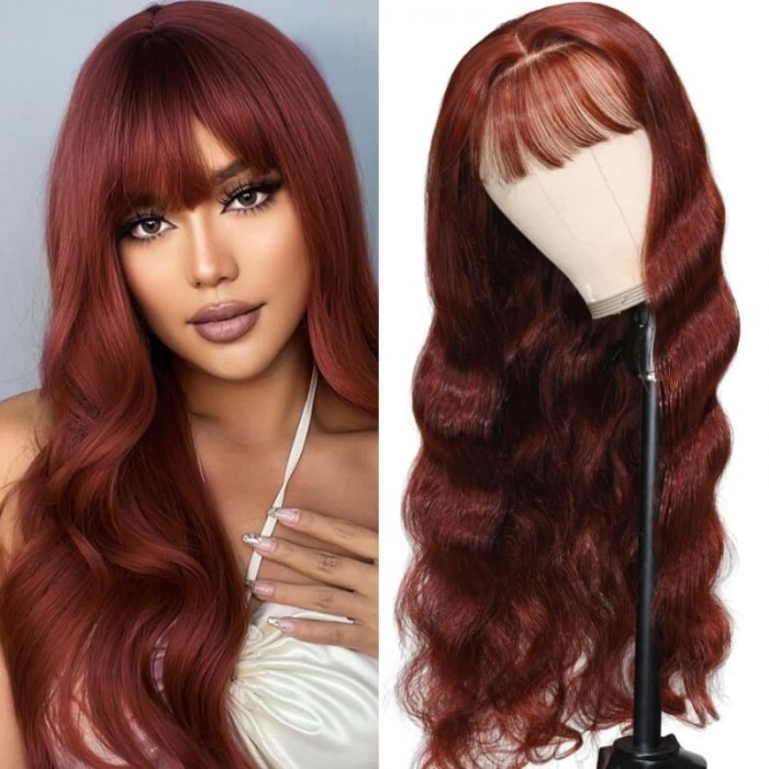 33” Silky Wig, Dark brown and red layered loose curls with bangs Reddish Brown Curly Wig with Full Bangs Cost-effective To  main image 3