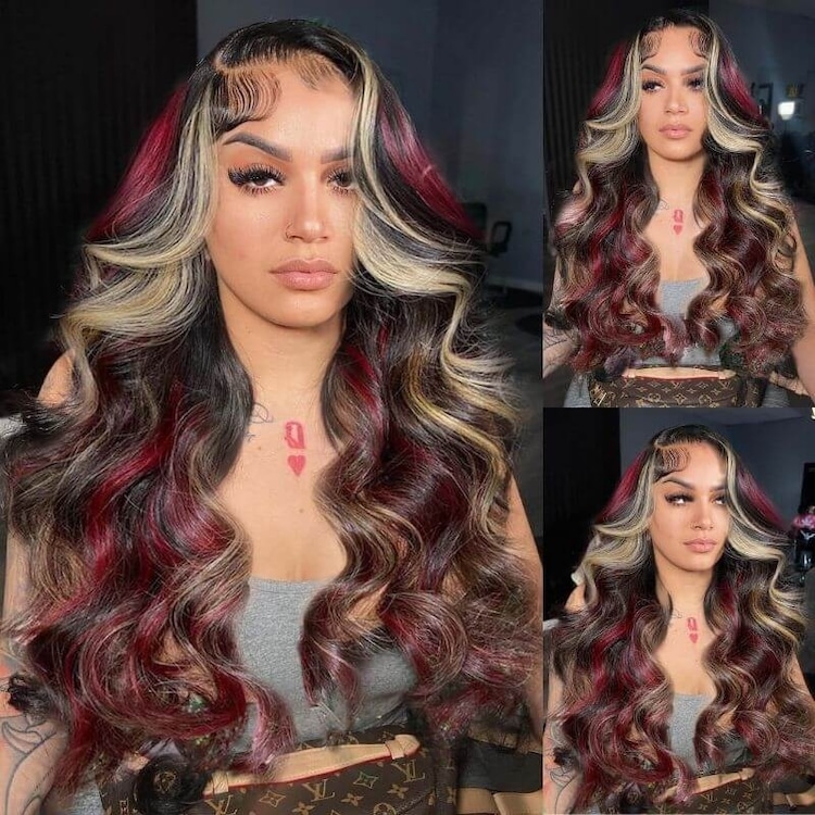 Julia Hair Black with Red Blonde Highlight 13x4 Lace Front Multi Color  Loose Wave Wig